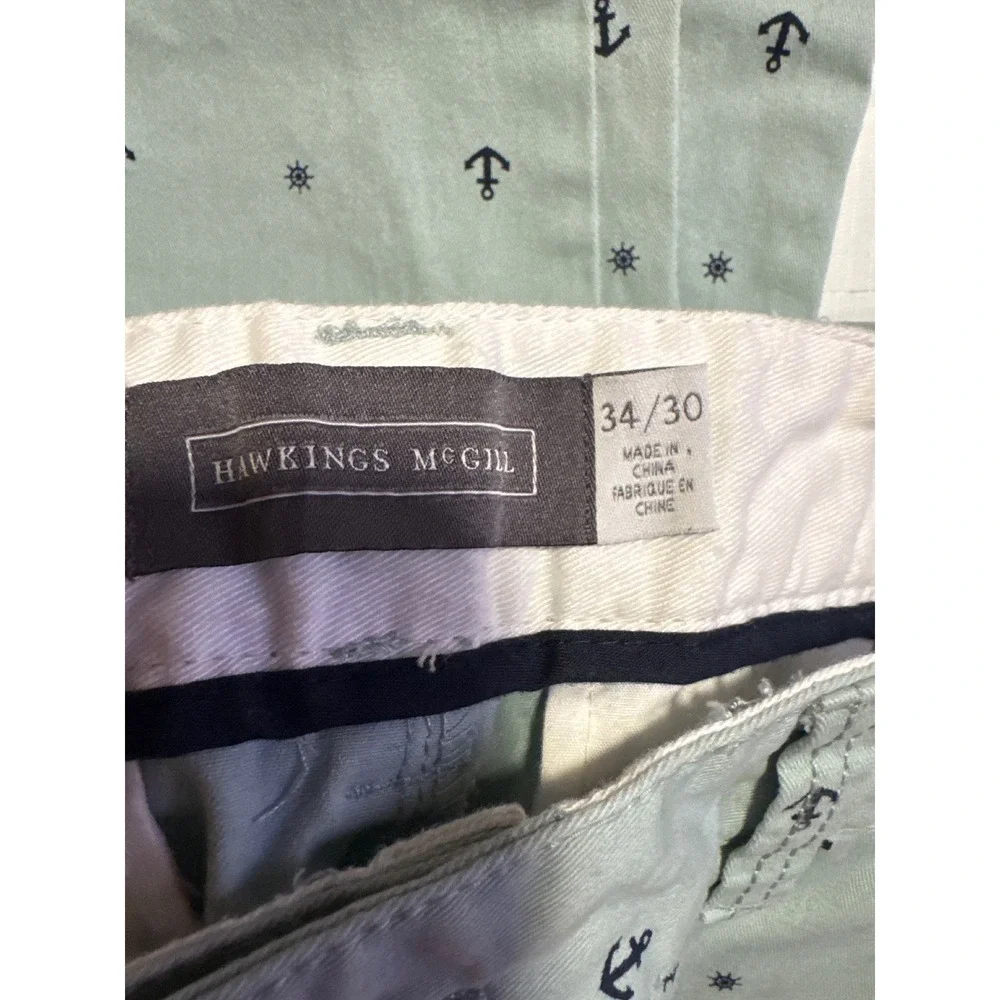 Hawkings McGill Mens Skinny Chino Pants 34x30 Green Nautical Anchor Print Slacks